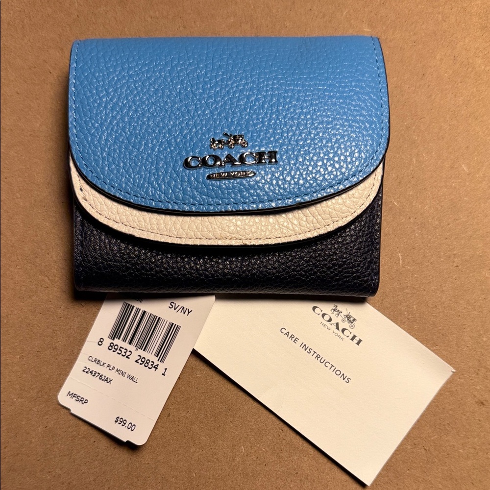 Coach Tri-Color Pebbled Leather Trifold Wallet - Blue White Gunmetal Hardware